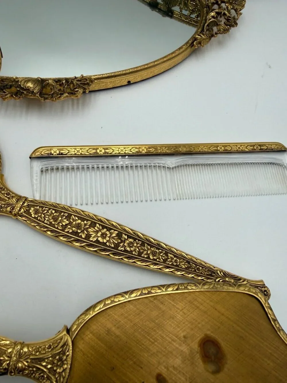 Vintage Gold Vanity Set With Hand Mirror Comb Brush Tray Jewelry Box & Small Fra